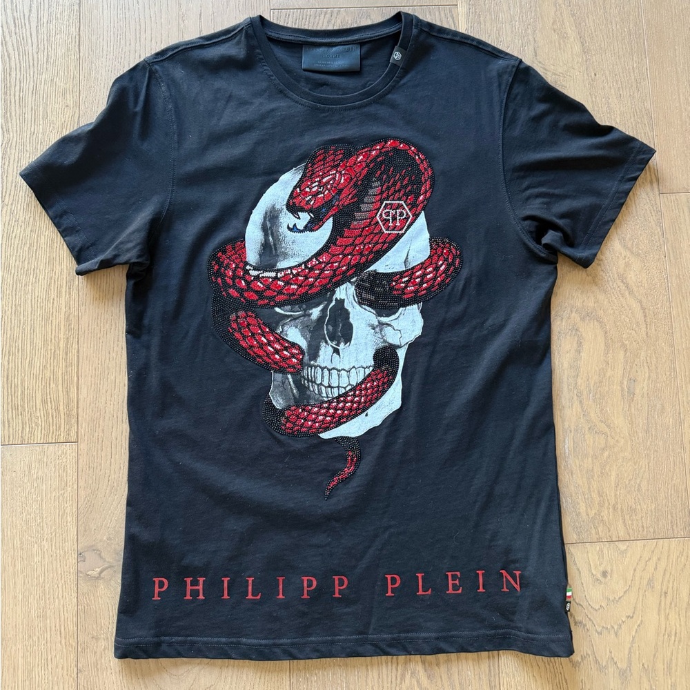 Philipp Plein Black Tee with Red Snake Design